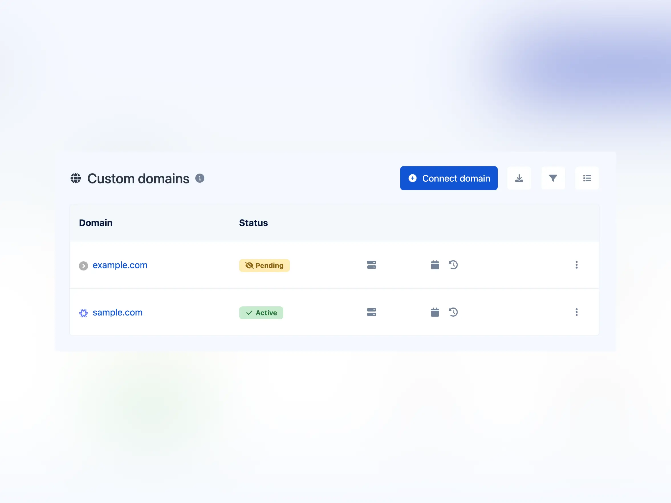 Az alkalmazás egyéni tartományok oldalának képernyőképe