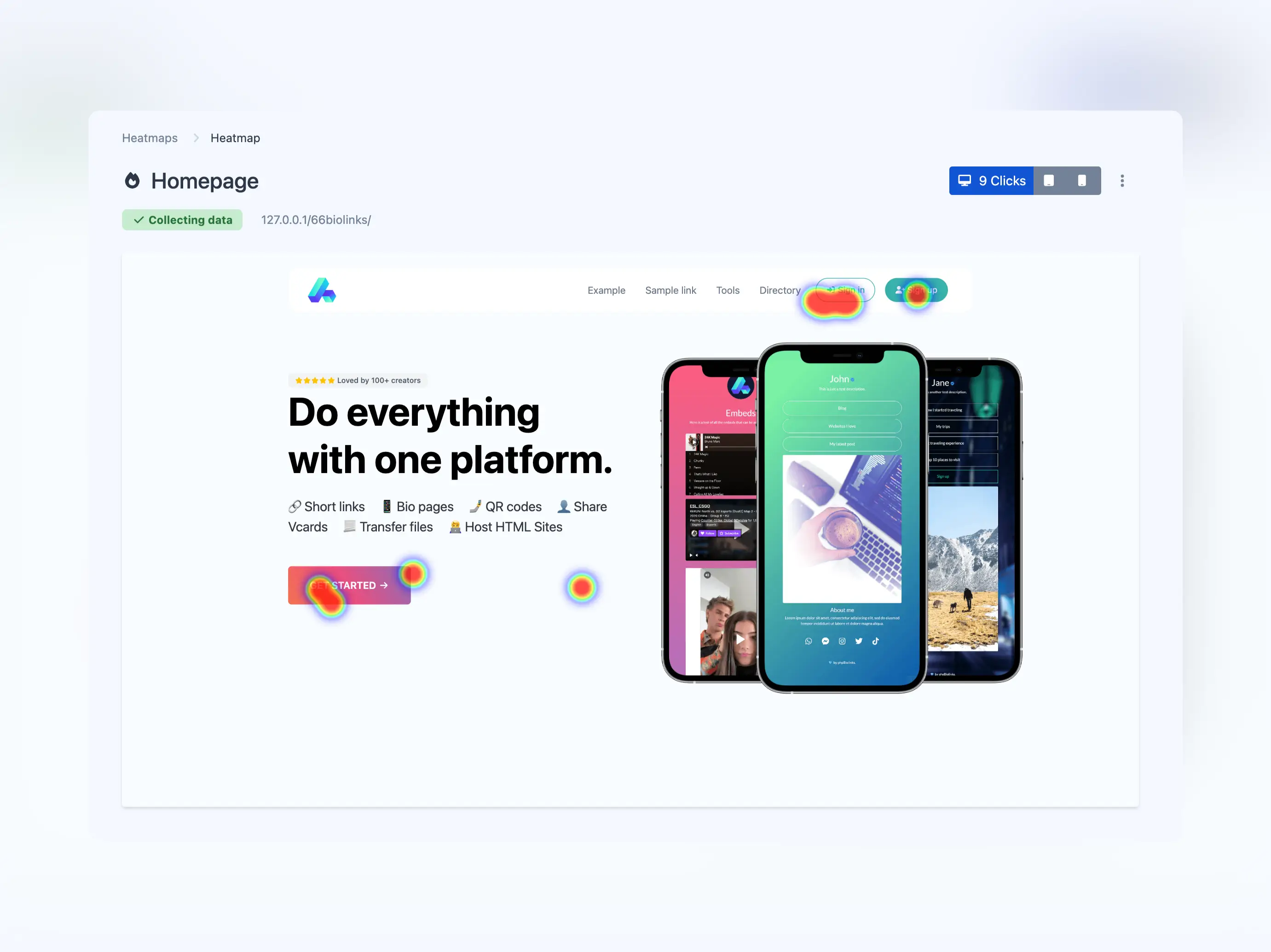 Az alkalmazás hőtérképek oldalának képernyőképe