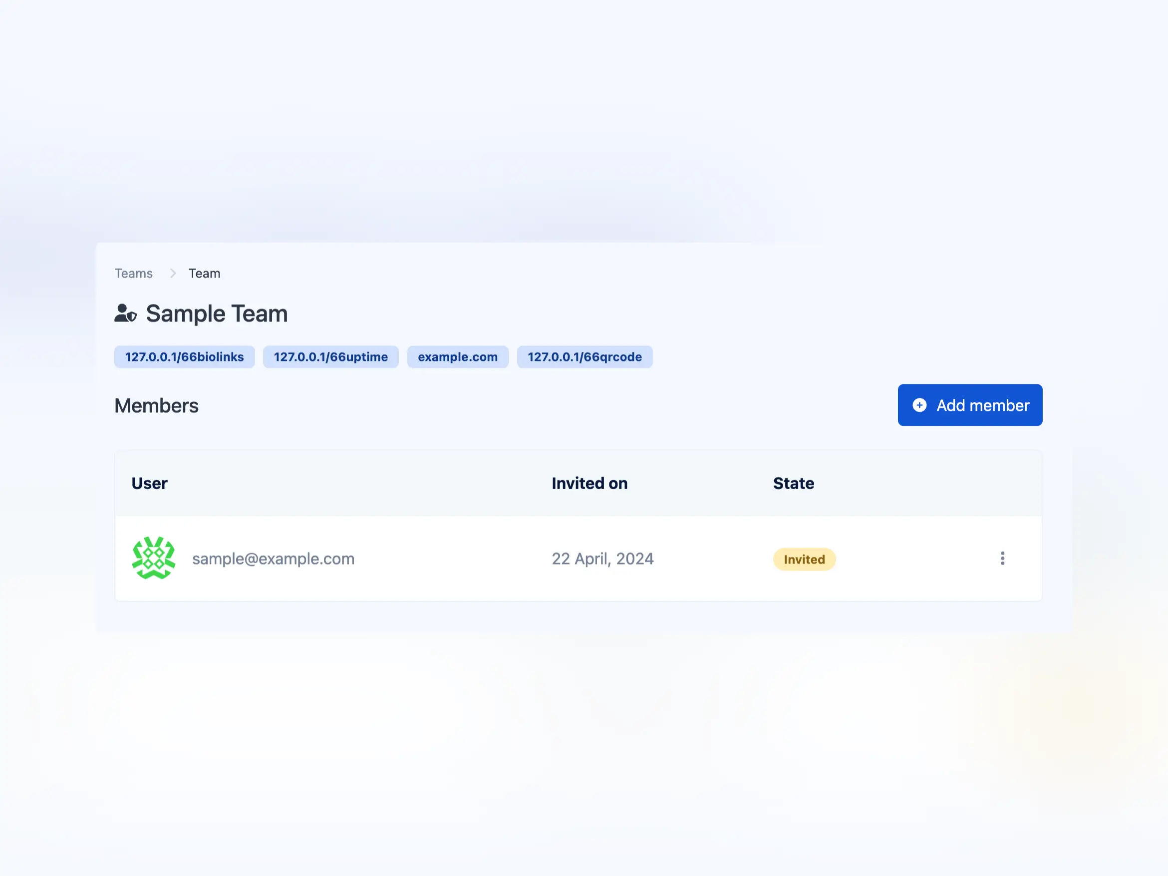 Az alkalmazás csapatok oldalának képernyőképe